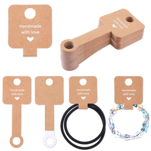 100pcs Bracelet Display Cards, Earring Cards for Selling Jewelry, Brown Earring Display Holder Card, Blank Paper Tags with 2 Holes, Handmade with Love Self Adhesive Necklace Hanging