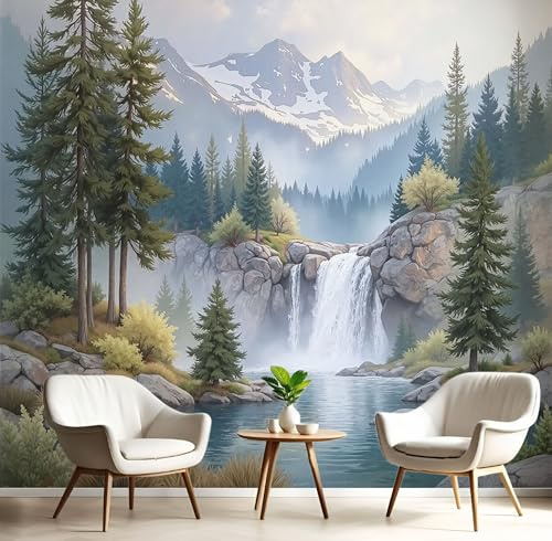 Carta da Parati Fotografica Murale 300x210cm Scenario naturale Del Cascata della foresta Carta da Parati Effetto 3d Decorazione Murale Poster da Parete per Camera da Letto per Ragazzi, verde