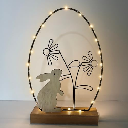 Luce Pasquale Decorazioni Legno, Statuina di Coniglio Pasquale e Uova di Pasqua, Lavori Ornamentali in Ferro, Centrotavola Pasquale, Decorazioni Primaverili, con 20 LED ,Timer, 17,5 x 5 x 30 cm