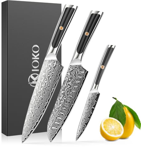ioko Damaszenerstahl-Messer-Set, 3-teilig, Scharfe Klingen, Komfortable Griffe (Schwarz)