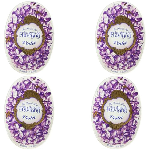 Les Anis de Flavigny French Anise Candy – Violet Flavor Hard Candy, Natural Gourmet Sweets in Classic Reusable Tin, 50g (1.75 oz) Each (Pack of 4)