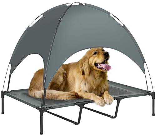PawHut Lit chien sureleve avec parasol, lit de camp chien chat sur pieds tissu Oxford respirant, anti-UV cadre en métal sac de transport inclus couchage extérieur pour chat 122 x 92 x 108 cm gris noir