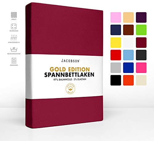 Jacobson Gold Edition Jersey Spannbettlaken Spannbetttuch Baumwolle mit ELASTAN ca. 200 g/m² (60x120 cm - 70x140 cm, Bordeaux)