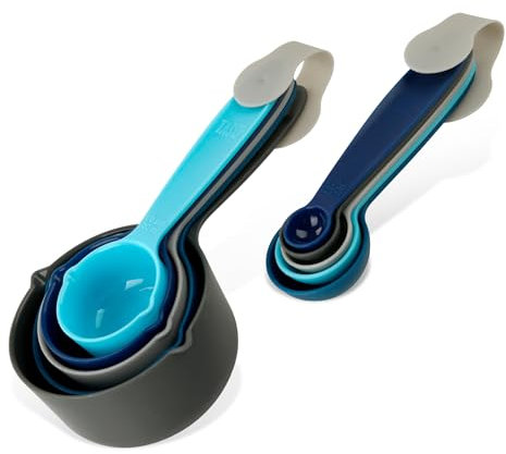 Tasty 10-Piece Measuring Cups and Spoons Set, Measuring Cups for Baking, Measuring Nesting Cups Set, Plastic Cups & Spoons Set, Baking , Kitchen Tools, Colour: Light Blue, Blue, Grey