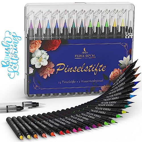 FEDER ROYAL® Pinselstifte mit 2 Wassertankpinsel – Brush Pen für Handlettering – 24 Aquarellstifte – Brush Pens in praktischer Box – Brush pen set Inkl. E-Book