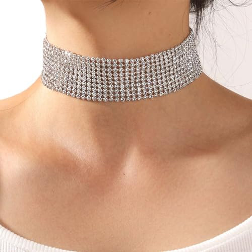 Inateannal Punk Strass Choker Halskette für Frauen Breite Volldiamant Halskette Kette 10-reihig Sparkly Crystal Choker Kragen Sexy Nightclub Party Prom Zubehör