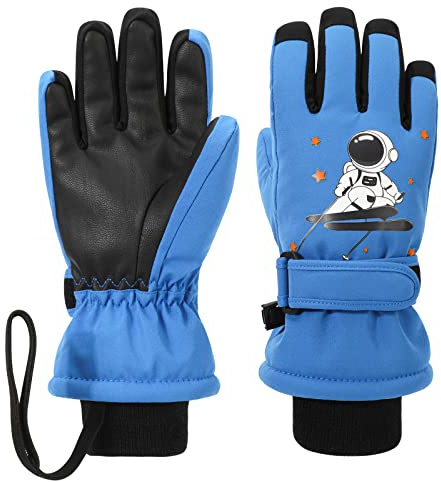 QKURT Kids Snow Gloves,Boys Winter Warm Windproof Snow Mittens with Double layer Thickening Children Snowboard Sledding Gloves with Astronaut Pattern Suitable for 6-10 Years Old