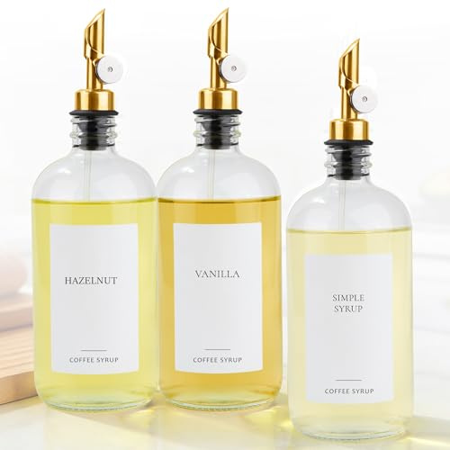 Ezebesta Set of 3 Coffee Syrup Glass Dispenser Bottles 480ml Pump Bottles with 20 Labels for Coffee Bar Organization - PUMP PATENT REGISTERED