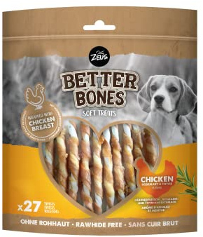 Zeus & Zoë Better Bones hundtuggsnack, mjuka tuggpinnar med kyckling, rosmarin & timjan, utan råhud, insvept i kycklingkött, för alla faser av livet, hjälper till med tandvård, 12,5 cm, 27 stycken