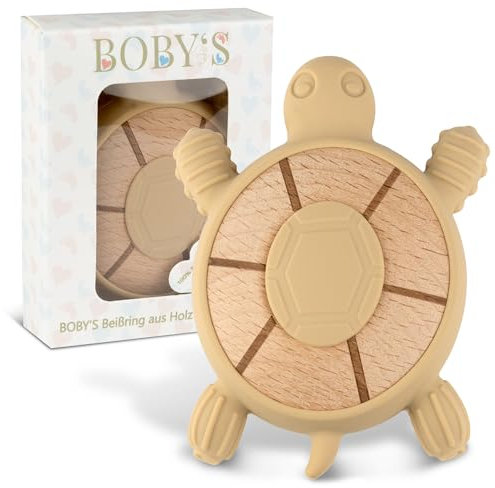 BOBY´S Beißring für Babys aus Holz & Silikon Schildkröte Croissant/Kauspielzeug, Zahnungshilfe & Greifring in einem / 100% BPA-freies Beißspielzeug/nachhaltiger Holz Beißring