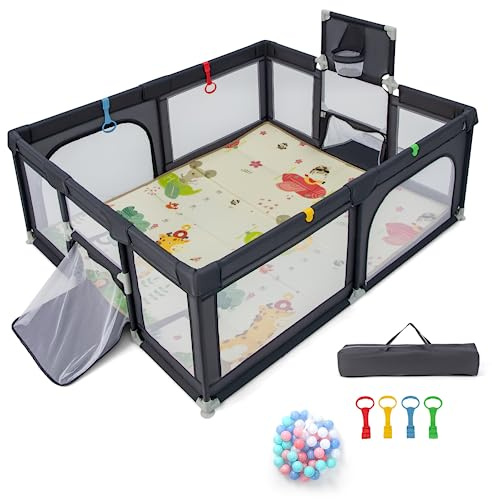GYMAX Baby Playpen, 187 x 157cm Large Toddler Fence Play Yard with 50 Ocean Balls, Soft Mat, Basketball Hoop and Soccer Nets, Indoor Outdoor Infant Activity Center (Dark Gray), 10 kilograms
