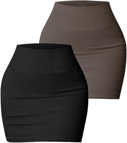 AIEOE 2 Pieces Jupe Crayon Femme Sexy Courte Tricotée Slim Fit Côtelée Party Clubwear Taille S Noir + Marron