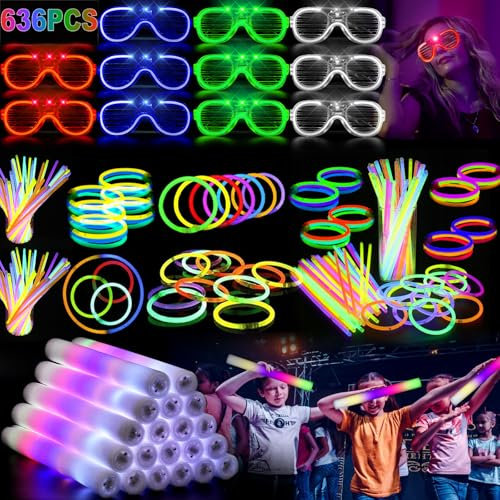336 Knicklichter Party Set,Neon Leuchtstäbe Party Pack mit 300 Leuchtstab 24 Led Schaumstoff Leuchtstäbe 12 Led Brillen,Leuchtspielzeug für Kinde,Dunkle Party Supplies für Geburtstage Festivals Deko