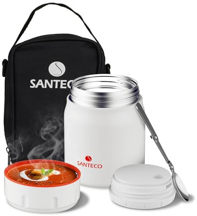 SANTECO Thermobehälter für Essen 500 ml, 18/8 Edelstahl Warmhaltebehälter Speisegefäß für Essen, Thermobecher Essen mit Löffel und Tragbarer Tasche, 12 Stunden Heiß & Stunden Kalt(Weiß)