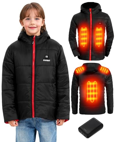 CYCYHEAT Chaqueta térmica para niños y niñas, chaqueta térmica con capucha, calentador de cuerpo con batería, ropa térmica para esquí, rosso, 140