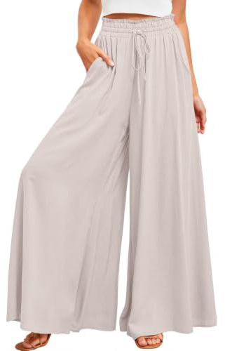 ROFUSSO Palazzo Ligeros para Mujer Cintura Alta Elegantes pantalón de Verano de Tela Sólida con Bolsillos