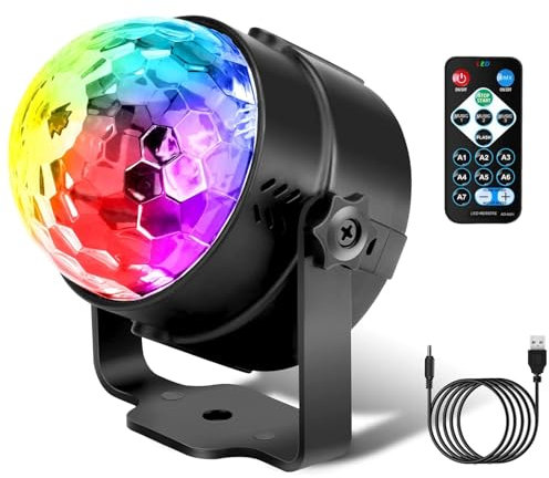 Luci Discoteca,7 RGB Colori Musica Attivata Luce Discoteca Palla con Cavo USB e Telecomando, Rotazione a 360° Lampada da Discoteca, Lampada da Discoteca per Natale, Bar, Club, Regalo per Bambini