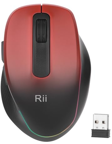 Rii Maus Kabellos, Ergonomische Maus, Funkmaus für Laptop, 2,4 GHz Kabellose, 1000/1200/1600, Wiederaufladbare (Rot-Schwarzer Farbverlauf)