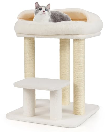 COSTWAY Kratzbaum Klein, 61 cm, Katzenbaum mit weicher Sitzfläche, großer Basis, Plattform & Sisal-Kratzsäulen, Katzenkratzbaum Holz, Katzen Katzenmöbel Kletterbaum, Aktivitätsbaum Spielbaum, Weiß