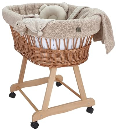 Wiklinopol Culla Amelia – Cestino Moses intrecciato a mano con struttura e materasso – Set biancheria Teddy 5 pz. Beige – Portatile con ruote – Ideale per neonati