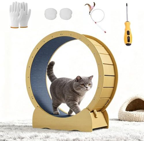 Yzwetcy Cat Exercise Wheel for Indoor Cats 42 Silent Cat Treadmill with Safety Lock & Detachable Runway, Natural Solid Wood Sturdy Running Wheel for Most Cats for Training/Running/Walking/Weight Loss