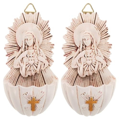 Resin Holy Water Font 2pcs Sacred Heart of Mary Holy Water Fonts for Home, Catholic Wall Hanging Decor for Home Entrance Wall Decorative Religious