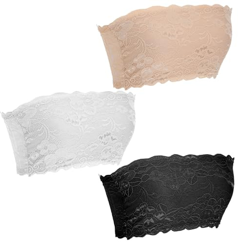 3 PCS Lace Tube Top Bra for a or B Cup, 24-40 Inch Strapless Lace Bandeau Bra for Low Cut Dress, Cleavage Cover up for Low Neckline, Floral Strapless Bras Bandeau Top Chest Wrap(Black, White, Beige)