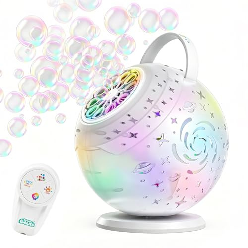 Seifenblasenmaschine mit Fernbedienung,Stehende Seifenblasen Laterne 90°/360° Drehung,Seifenblasenmaschine mit 1200mAh Akku, 7 LED Lichter,Seifenblasen Pistole perfekt für Hochzeit, Geburtstag