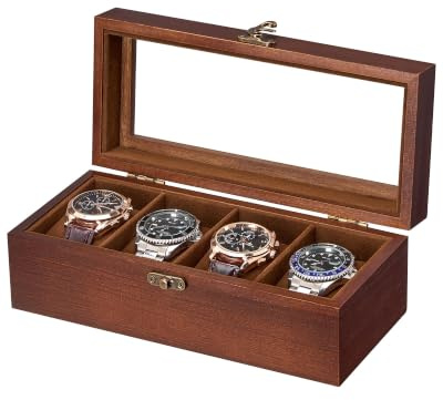 ProCase 4 Slot Wooden Watch Display Case With Glass Lid, Organizer | Elegant Wooden Watch Box With Glass Lid And Soft Lining For Men And Women, Ideal For Home Display And Birthday Gifts - Brown