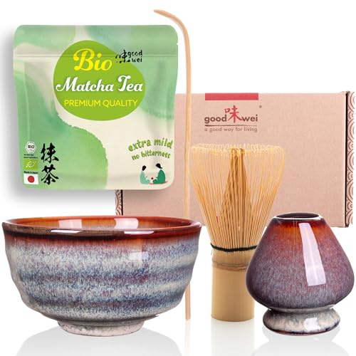 Goodwei BIO Matcha aus Japan im Matcha-Set komplett mit hochwertiger Matcha Schale aus Keramik, Matcha Besen und Besenhalter | Geschenkset für Teezeremonie (Uji)