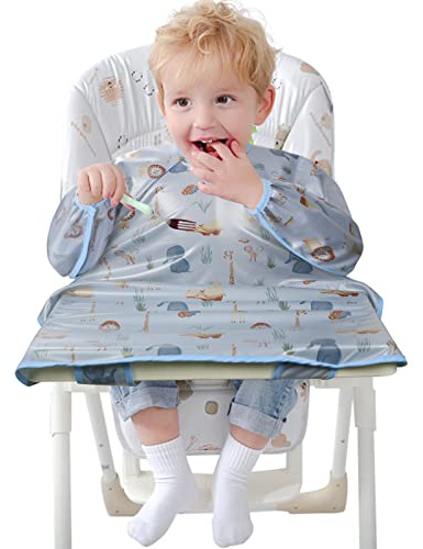 Vicloon Babero de Manga Larga Babero Impermeable Un Babero Se Puede Fijar en Una Silla Alta Adecuado para Niños de 6 Meses a Tres Años（Patrón de Zoológico）