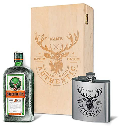GRAVURZEILE Flachmann Geschenkset - Edelstahl Flachmann 150 ml mit Gravur im Set - inkl. Jägermeister 350 ml Flasche & gravierter Holzkiste - Geschenk für Papa zum Vatertag - Farbe: Hirsch