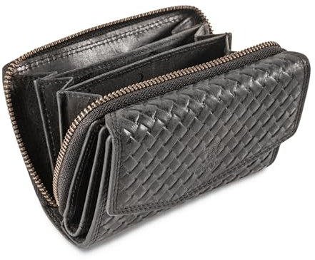 MATADOR Leder Geldbörse Damen Mittelgroß #Sevilla mit Geschenk Box, Luxus RFID Geldbeutel Damen, Geldtasche Frauen Viele Fächer, Leder Portemonnaie, Geflochtene Brieftasche Schwarz