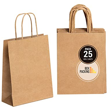 BOXPACKING | Sacchetti Carta con Manici | 25 Busta Regalo | Sacchetti carta Piccoli (24x18x8 cm) | Shopping Bag | Borse Carta con Manico | Buste Carta Kraft | Carta Kraft 115 g/m²