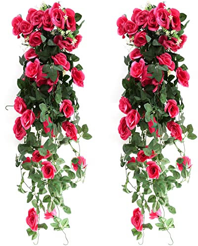 Hyakoz 2 Stück 90CM HäNgeblumen KüNstlich KüNstliche Pflanzen HäNgend Kunstpflanze Hängend Künstliche Hängepflanzen wie echt für Hochzeit Zuhause Garten Wände-Rosarot