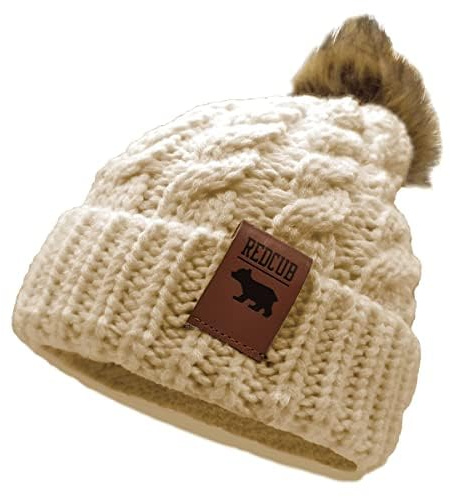 REDCUB Berretto invernale con pompon per bambini e neonati, con pompon, per bambine e ragazzi, in acrilico, morbido, spesso, lavorato a maglia, invernale, 12-36 mesi, Beige caldo, 12-3 Jahre