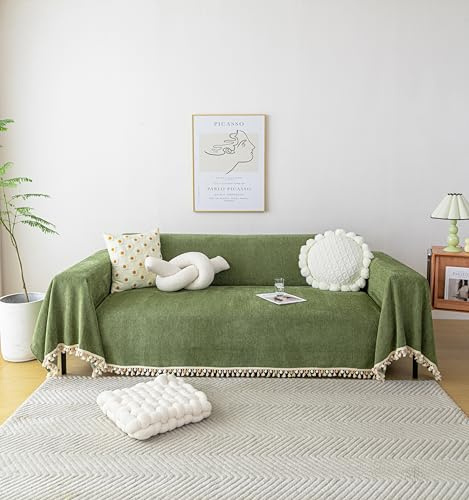 HANDONTIME Green Sofa Cover Vintage Couch Cover for Dogs 91 X150 Couch Cushion Covers with Tassel Herringbone Sofa Cover Boho Sofa Covers for 3 Cushion Couch Chenille Soft Loveseat Sofa Covers