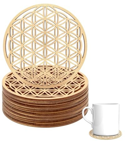 Hugwish Set de 12 Fleur de Vie en Bois pour la méditation (10 X 10 cm), Dessous de Verre en Bois de première Bouleau, déco Fleur de Vie, Arbre de Vie (12)