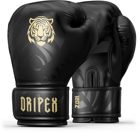 Dripex Guantoni da Boxe, Guanti da Sacco Boxe in Pelle PU Unisex Adulto, Guantoni da Allenamento Muay Thai MMA Arti Marziali, Guantoni da Combattimento, Boxing Gloves Uomo Donna Bambino, Oro (12 oz)