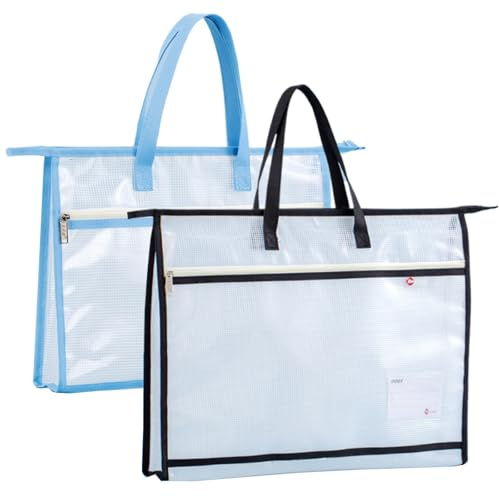 Oaygat 2Pcs A3 Clear Art Work Carry Case Portfolio Art File Folder School Holdall Arts Portfolio Case Clear Mesh Storage Bags with Handle and Zipper for Posters Bulletin Boards Scrapbooks