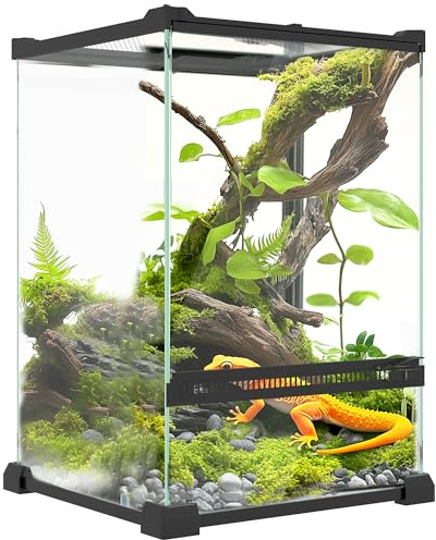 PawHut Terrarium en Verre pour Reptiles Vivarium 12 L d'élevage de Reptiles avec Couvercle en Treillis métallique, pour Grenouilles, Serpents, Tortues, 20 x 20 x 30 cm, Noir