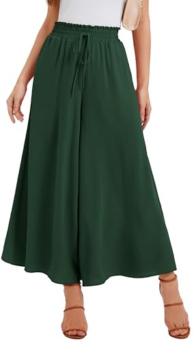 WUWUSKY Women's Elasticated High Waist Palazzo Trousers - Lightweight Flowy Summer Pants for Lounge & Casual Wear,Dark Green,S
