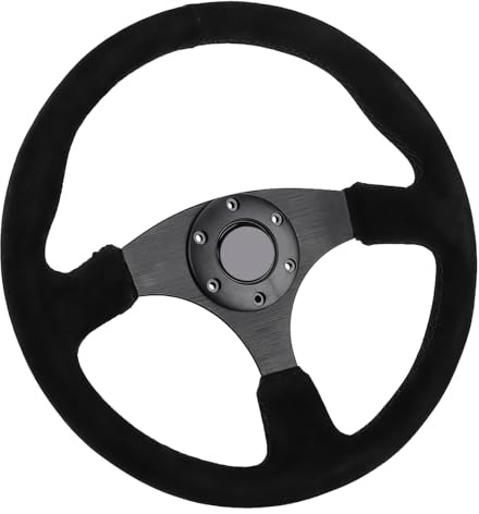 Volant de Course, 14 Po/350 Mm, pour Modèle 6 Boulons, en Daim Noir, Coutures Noires, avec Bouton de Klaxon