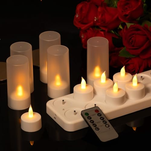 TOTSUN 12PCS Rechargeable Tea Lights, Remote Control Tea Lights Candles with Timer Flickering, LED Flameless Tealight Candles with USB Charging Base for Bathroom Table Halloween Christmas Decor