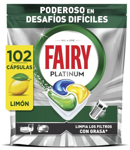Fairy Platinum Cápsulas De Lavavajillas, Limón, 34 Cápsulas, Potente Incluso Con Los Restos De Comida Más Difíciles, Platos Limpios, Lavavajillas Brillante, Filtro Limpio Sinasa (Paquete de 3)