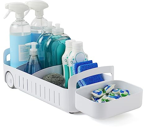 YouCopia RollOut Caddy Rolling Storage Bin with 2 Adjustable Dividers and Removable Basket for Kitchen and Bathroom Under Sink Organization, 8 Wide