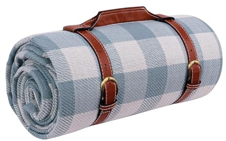 Goodsnetic Picnic Blanket,79x79Oversized Picnic Mat Waterproof Sandproof Beach Blanket for 6-8 Adults, Large and Thick Gingham Picnic Blanket for Family Outdoor Camping Parties,Light Blue&White