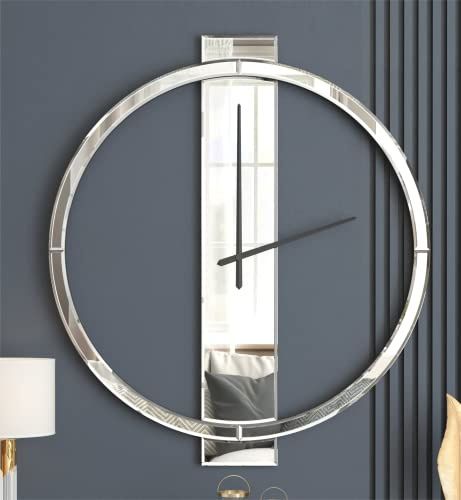 SHYFOY Grande Orologio da Parete per Soggiorno – 60 cm, Tutte le Finiture in Vetro Specchio, Grande Orologio Moderno per Decorazione da Parete, Ufficio, Camera da Letto, Camino, Argento, Rotondo
