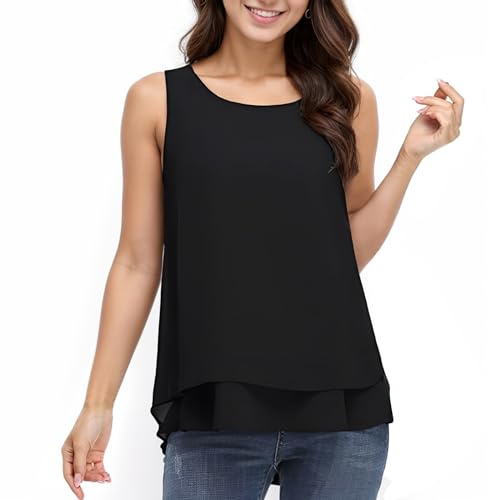 Zhiaek Debardeur Femme Chic et Élégant Mousseline de Soie ete Hauts sans Manche Col en Rond Mode Casual Chemise Classique Debardeur Noir XL