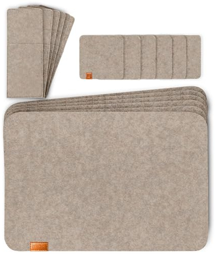 MIQIO Felt Placemats - Set of 18 Table Coasters - Washable - 6 Placemats, Glass Coasters, Cutlery Bags | Beige | Square